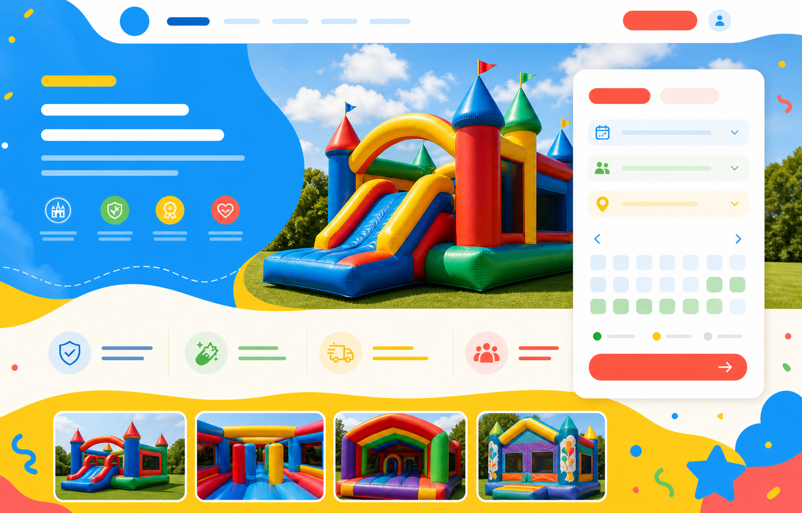 Bouncy castle hire website concept with booking calendar and bright product cards.