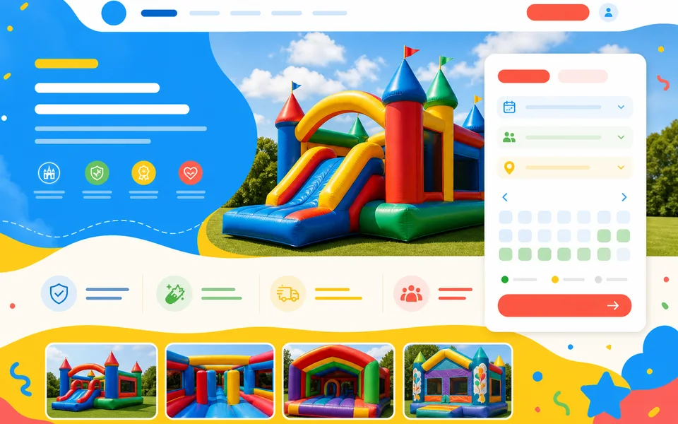 Bouncy castle hire design concept showing date and stock selection